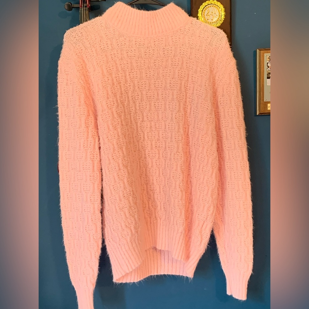 Vintage Pink Fuzzy Knit Turtleneck Sweater Cozy Soft Retro Pullover